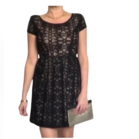 Speechless Black Lace Mini Dress Over Nude Short Sleeve Round Neck 7 - Picture 1 of 10